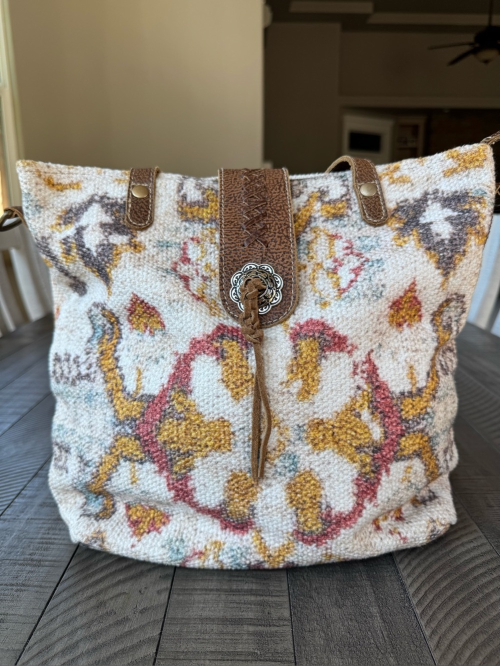 Myra Whimsical Boho Shoulder Bag Floral Tote Bag W/Leather Trim - Picture 7 of 16